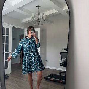 Tuckernuck Santorini Bloom Royal Floral & Flowy Shirt Dress 3/4 Sleeve Large